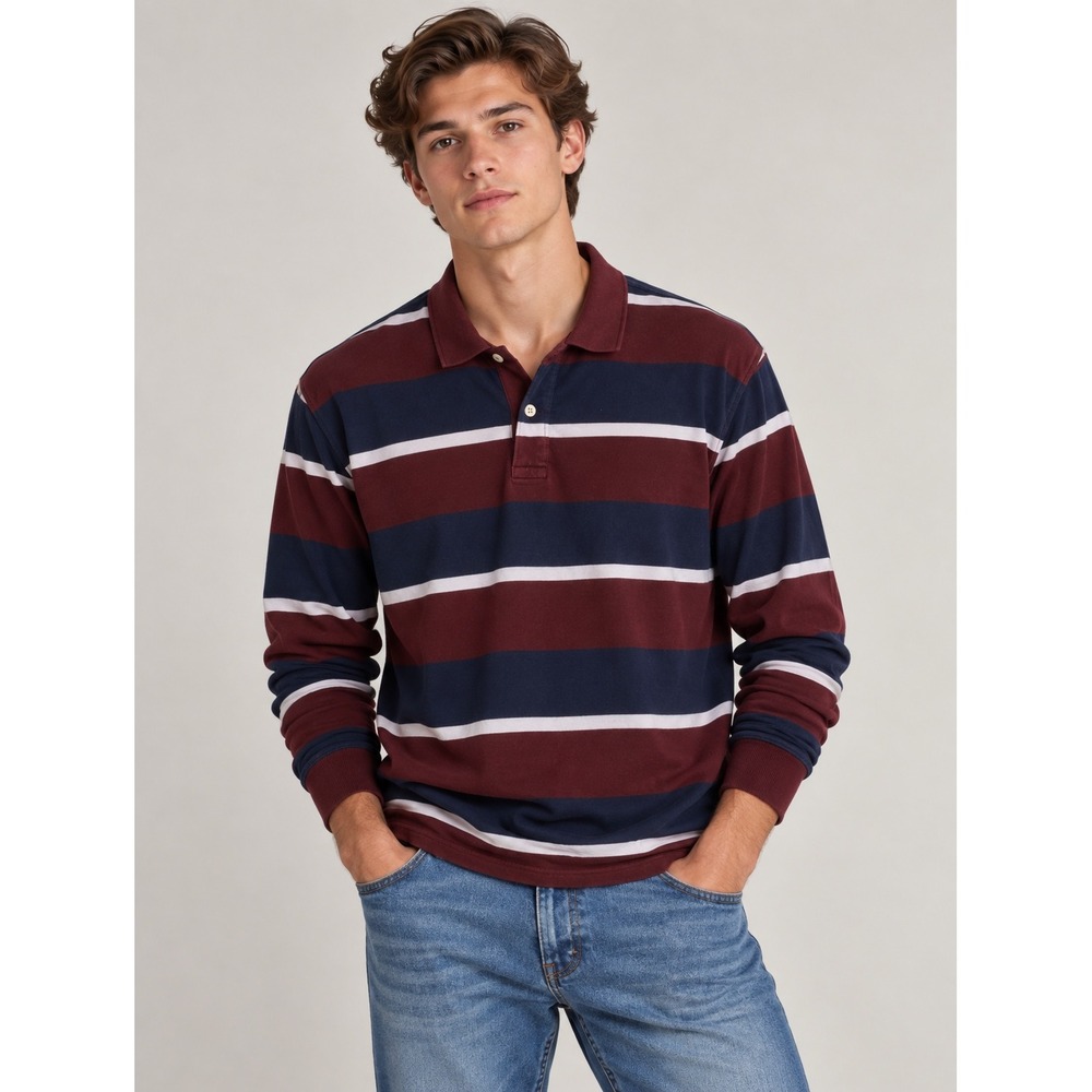 St. John's Bay Burgundy & Blue University Striped Long Sleeve Preppy Polo, L